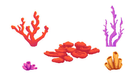 Pixel coral and seaweed set for 8-bit retro style video game or mobile appのイラスト素材