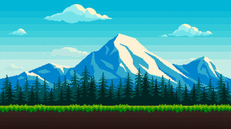 Pixel art game mountain location. Summer seamless background with snow capped peaks, fir tree forest and grass. 8-bit retro style illustration for video arcade.のイラスト素材