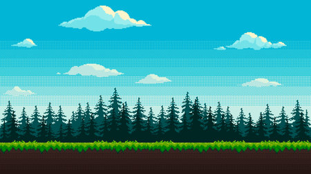 Forest pixel background. 2d pixel video game daytime with green grass, fir trees and clouds. Nature seamless landscape vector illustration.のイラスト素材