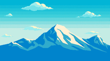 Pixel art mountains with clouds seamless background. Landscape for retro video game or application. Vector illustration.のイラスト素材