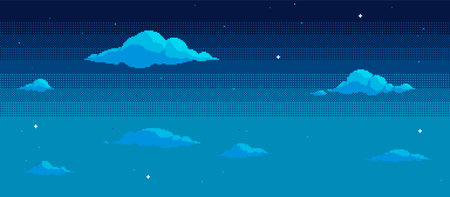 Pixel art night sky background with stars and clouds. Retro video arcade 8-bit style.のイラスト素材