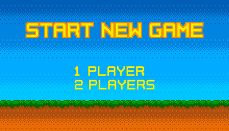 Start New Game background with player selection. 8-bit game. Retro arcade style menu. Green grass...