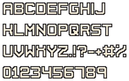 Pixel font. Video arcade computer game design 8 bit letters and numbers. 90s retro style vector alphabet.のイラスト素材