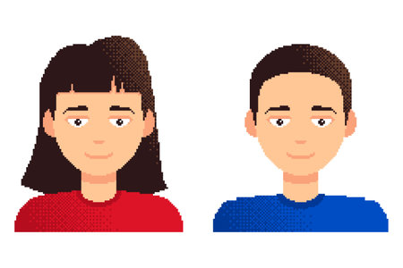 Woman and man pixel art characters. Young boy and girl avatar set, portrait and profile picture. Retro 8-bit style design game asset. Isolated vector illustration.のイラスト素材