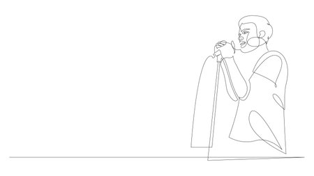 Man singing or performing stand up comedy continuous line drawing. One line art of man singing karaoke use microphone or tells a speech. Song contest concept. Vector illustration.のイラスト素材