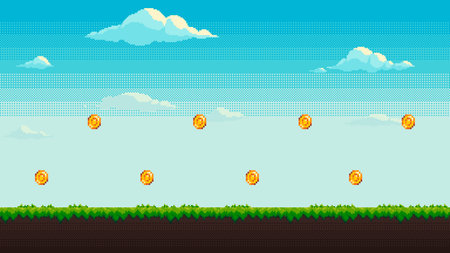 Pixel art level background with coins. Seamless vector illustration.のイラスト素材