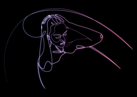 Woman taking spa bath drawn by glowing neon continuous one line. Concept of beauty treatments, self care, sensory deprivation.の写真素材