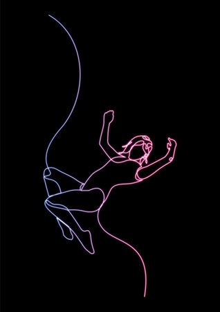 Woman falls - neon one line drawing. Free fall concept, lose ground drawn by single continuous line.の写真素材