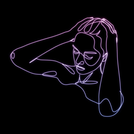 Woman taking spa bath drawn by glowing neon continuous one line. Concept of beauty treatments, self care, sensory deprivation.の写真素材