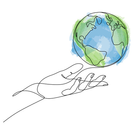 Continuous line drawing of human hand holding world planet earth. Minimal style vector illustration.のイラスト素材