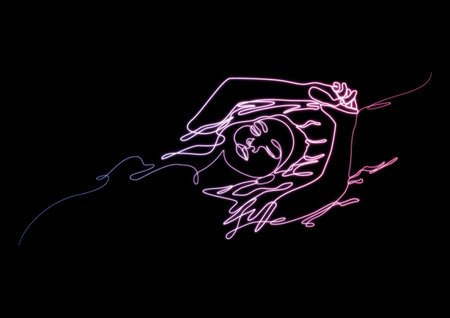 Woman floating in water or taking spa bath drawn by glowing neon continuous one line. Concept of beauty treatments, self care, sensory deprivation.の写真素材