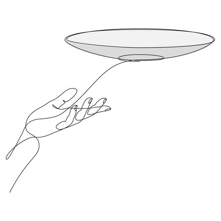 Continuous one line drawing of hand holding empty plate. Single line vector illustrationのイラスト素材