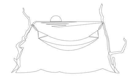 Continuous one line drawing of hammock hanging on the trees with a sunset on the sea in the background. Minimalist single line style vector illustration, editable strokeのイラスト素材