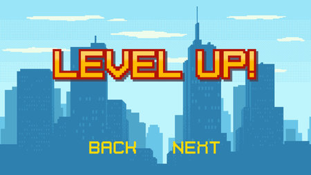 Pixel art game background with Level Up text and city background. Game pixel arcade screen for game design. Retro style GUI vector design.のイラスト素材