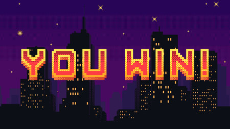You Win screen - pixel art with night city landscape background. Night cityscape with stars in the sky banner for winner. Retro video arcade game design concept.のイラスト素材