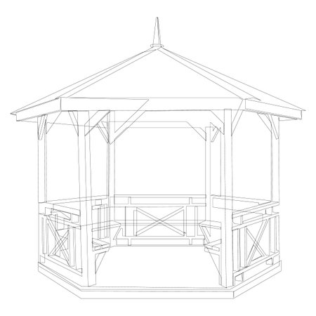Minimal garden gazebo single line illustration. Wooden outdoor structure drawn in clean continuous line style. Simple black vector graphic isolated on white background.のイラスト素材