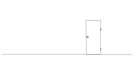 Continuous one line illustration of a closed door in horizontal layout with copy space. Minimal linear vector with editable stroke for business, security and access concepts.のイラスト素材