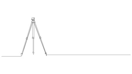 Single line illustration of a surveying theodolite on tripod in horizontal composition with empty space for text. Concept of construction measurement, geodesy, engineering and infrastructure projects. Editable stroke.のイラスト素材