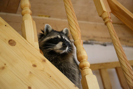 Wild raccoon standing on wooden staircase inside rustic interior. Concept of wildlife, curiosity, coexistence, nature and unexpected animal presence in human space.の写真素材