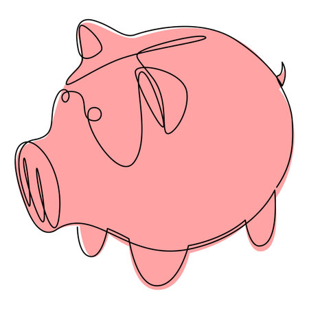Single line drawing of pink piggy bank. Minimal art style ceramic pig, simple vector illustration.のイラスト素材