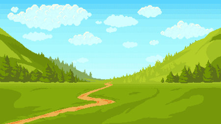 Pixel art green valley landscape with meadow, hills, forest, clouds and winding path in bright daylight scene. Suitable for games, digital design, backgrounds and commercial projects.のイラスト素材