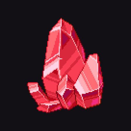 8 bit pixel red crystal with faceted gemstone shape. Stylized mineral object used as treasure, collectible item, or decorative element in retro game graphics. Vector illustration.のイラスト素材