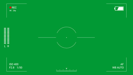 Camera HUD interface with recording indicators, audio meters, exposure scale, focus status, horizon level and technical UI elements on green background. Professional vector graphic layout for video production and compositing workflows.のイラスト素材