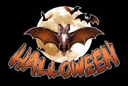 Drawing of a bat with outstretched wings, with the moon and bats in the background, with the...