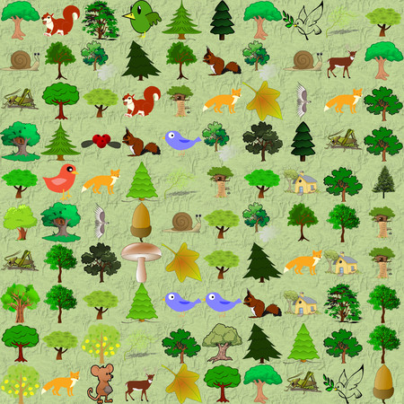 Cartoonish forest pattern. Childish funny abstractive ornament with woods, forest natural objects from openclipart.org against the tree seamless wallpaper.のイラスト素材