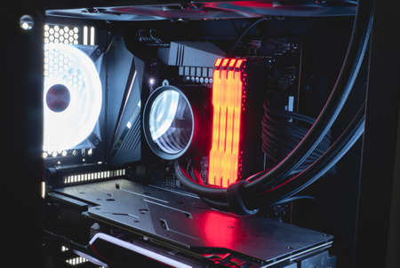inside Gaming PC with RGB LED lights, liquid cooling.の写真素材