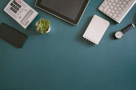 top view of office desk table with tablet and smartphone on background, graphic designer, Creative...