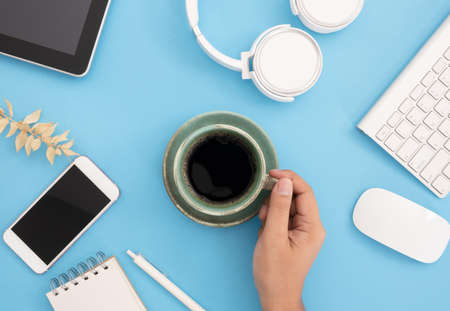 coffee cup and moka pot on table background in kitchen room, coffee shop.