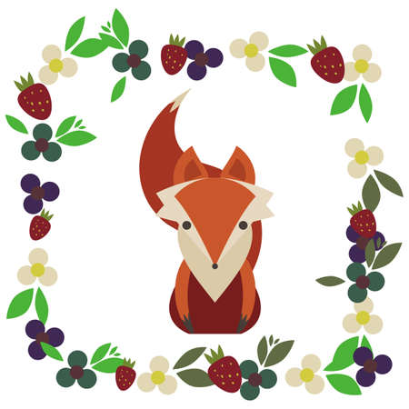 Strawberry frame and Cartoon Fox on white background.の写真素材