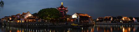 Shantang, landmark of Suzhou, traditional buildings by river, panoramic view, sunset scene.のeditorial素材