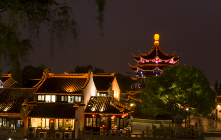 Shantang, landmark of Suzhou, traditional buildings by river, panoramic view, sunset scene.のeditorial素材