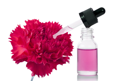Bottle of flower essential oil with fresh carnation flowers - beauty treatmentの写真素材