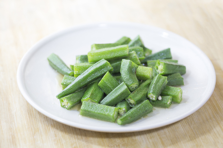Traditional Chinese food, okra with oyster sauce.の写真素材