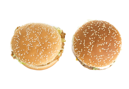 Two delicious hamburgers isolated on white backgroundの写真素材