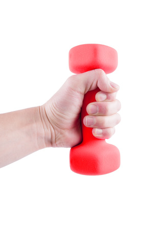 Woman have a red dumbbell in her handの写真素材