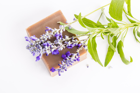 Handmade soap with lavender flowers on white backgroundの写真素材