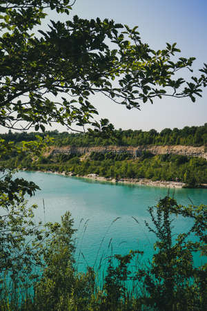 A turquoise lake view background.の写真素材