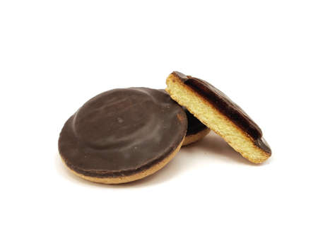 Cookies covered with chocolate and filled with jam on white background 
の写真素材