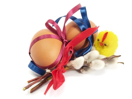 Easter eggs with festive bow on a white background 
の写真素材
