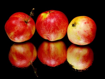 red organic apple on a black background with water drops    の写真素材
