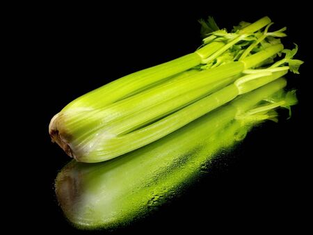 fresh celery on a black background with water drops 