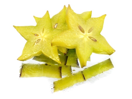 carambola - starfruit on a white background with water drops 
の写真素材