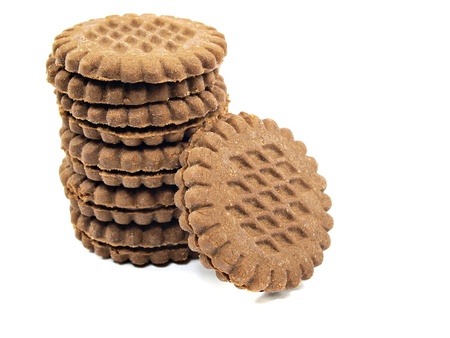 brown chocolate sandwich biscuits with cream filling on a white background     
