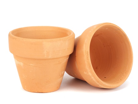 Little clay flowerpots on white background の写真素材