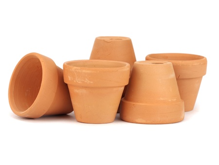 Little clay flowerpots on white background の写真素材