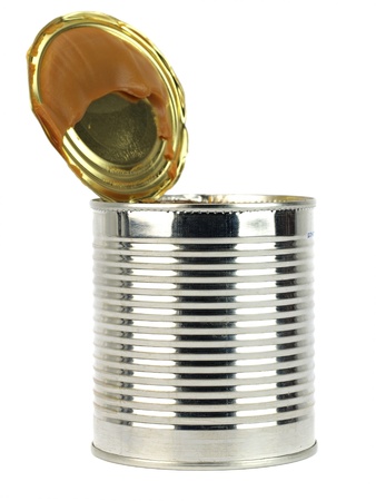 can of caramelized condensed milk on white background の写真素材